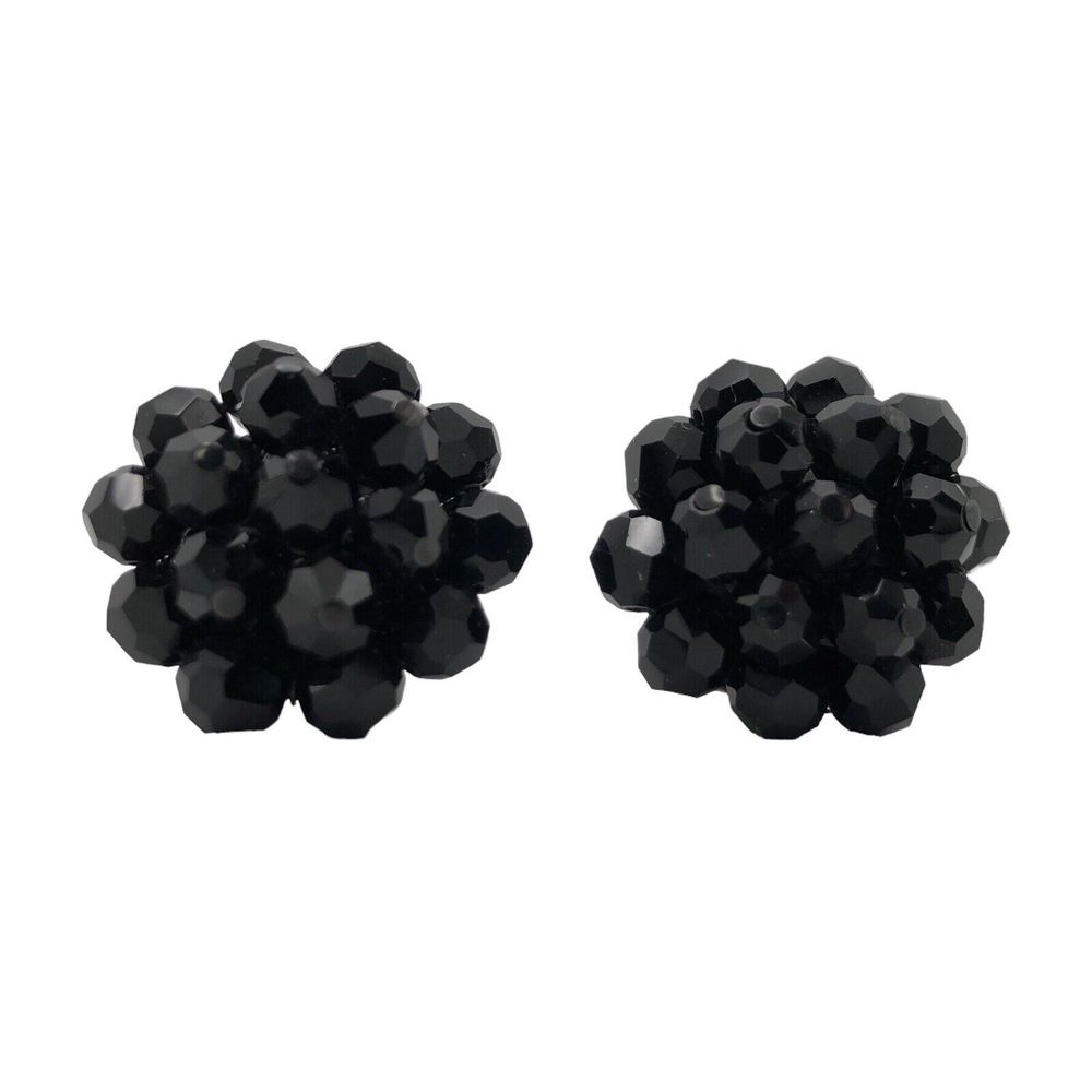 Vintage Black Beaded Cluster Earrings Clip On Sparkle Retro Cocktail Glamour